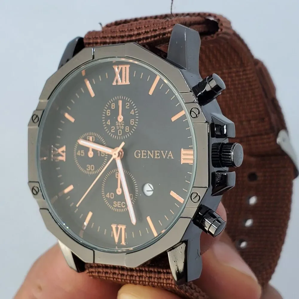 Men's Watch 42MM Black Dial Black Case Brown Canvas Band‎ Straps Date Indicator